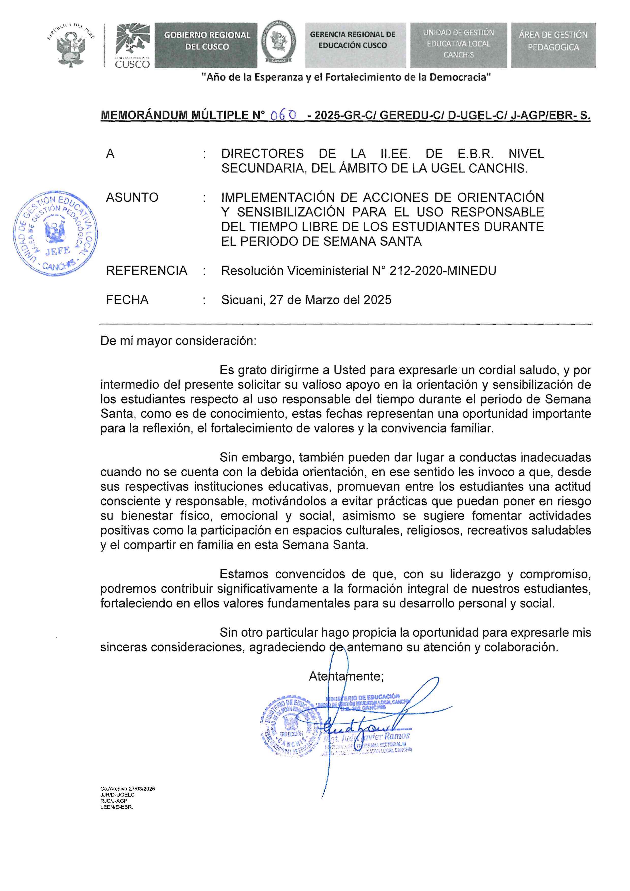 Implementación DE ACCIONES DE ORIENTACIÓN Y SENSIBILIZACIÓN PARA EL USO RESPONSABLE DEL TIEMPO LIBRE DE LOS ESTUDIANTES DURANTE EL PERIODO DE SEMANA SANTA